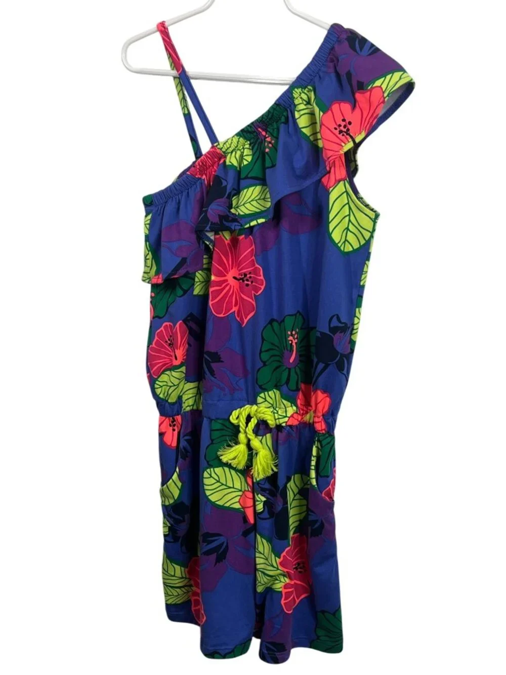 Falls Creek Girls L 10/12 Blue Floral One Shoulder Ruffle Romper Boho